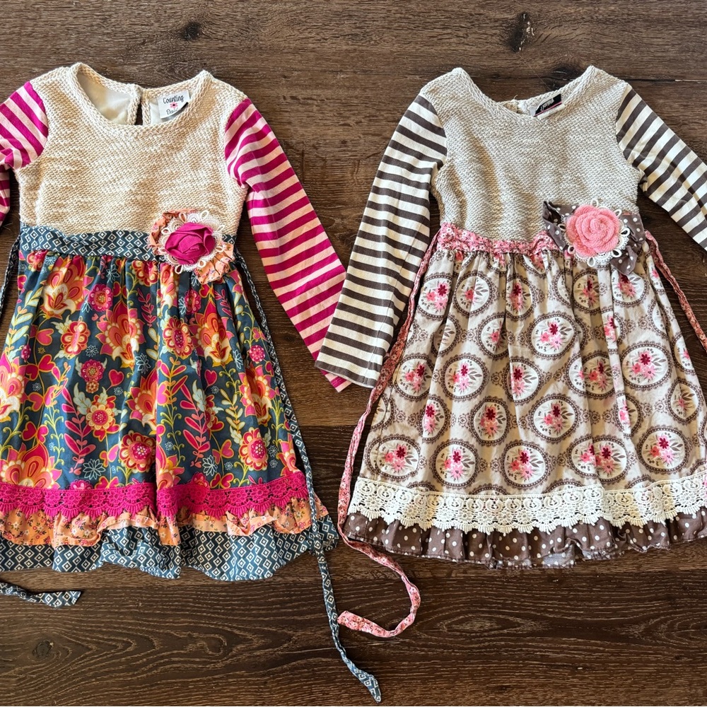 Girls' Mixed-Print Long Sleeve Floral Dress with Rosette - Pink/Brown